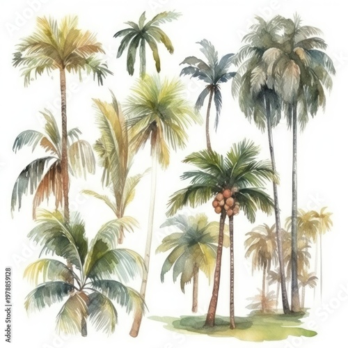 Watercolor Illustration of a Tropical Palm Tree Forest