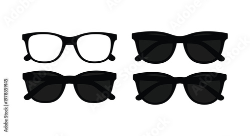 Four pairs of eyeglasses and sunglasses are displayed in a flat minimalist style silhouette high quality professional detailed modern elegant stylish