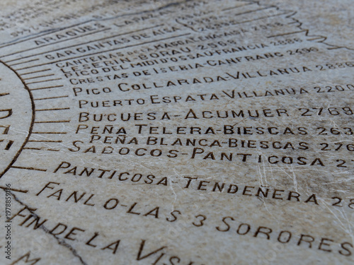Картината върху платно Engraved stone map showing mountain peaks in huesca