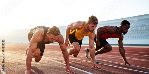 Runners Prepare to Start a Sprint Competition on a Track in Bright Sunlight i...