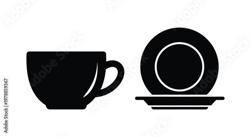 A minimalist depiction of a teacup and saucer arrangement in stark black showcasing a striking silhouette high quality professional detailed modern