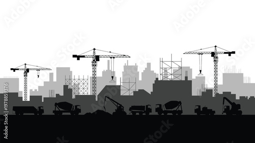 Silhouette of construction cranes and industrial skyline at dusk with dramatic lighting