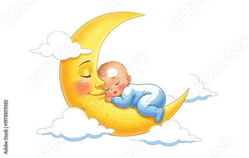 Dreamy silhouette a baby sleeping peacefully on a crescent moon surrounded by fluffy clouds