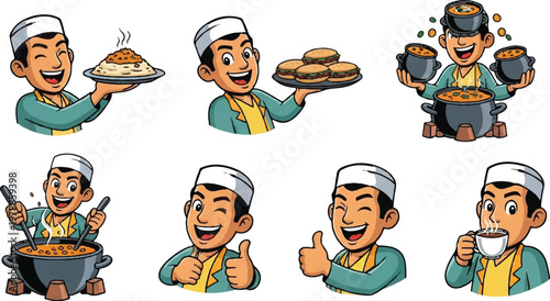 Chef serving food vector illustrations set culinary presentation
