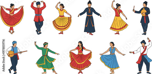 Traditional Folk Dance Vector Set Featuring Male And Female Performers In Colorful Ethnic Costumes With Musical Instruments For Cultural Heritage Festivals And Global Diversity Graphic Designs