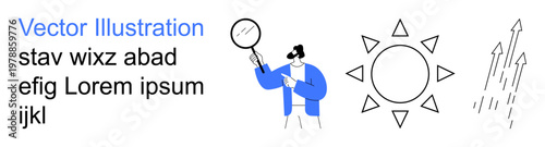 Exploration, curiosity, research, science, solar energy, investigation. A person holding a magnifying glass near sun and arrow symbols. Exploration and curiosity concept