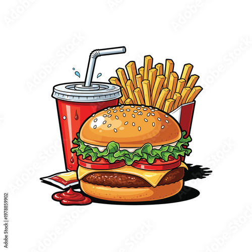 A colorful cartoon illustration depicts a classic fast food meal burger fries and soda