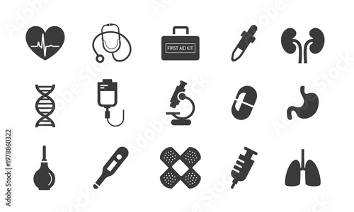 Science and medicine black icons set. Vector hand-drawn flat icons isolated on white background.