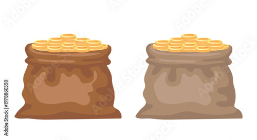 Bag of gold coins. Vector cartoon clipart isolated on white background. Hand-drawn vector