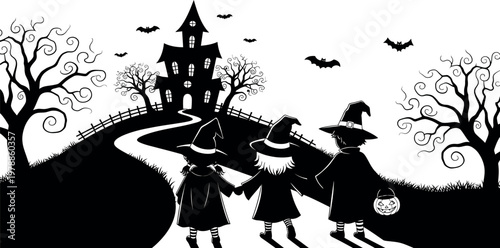 Three witches walking towards a haunted house on a moonlit night pathway Vector
