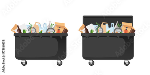 Garbage container illustration. A trash bin with garbage. Vector cartoon illustration