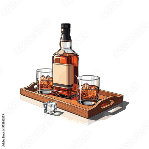 Illustration of a whiskey bottle two glasses with ice and a wooden serving tray