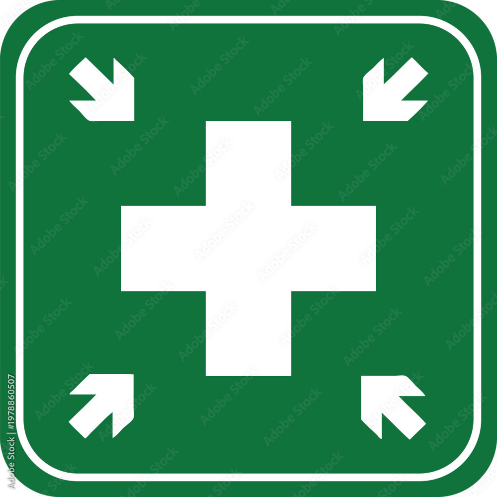 Obraz premium Green first aid sign with white cross and four inward arrows safety symbol for emergency medical assistance isolated on white background