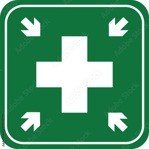 Green first aid sign with white cross and four inward arrows safety symbol for emergency medical assistance isolated on white background