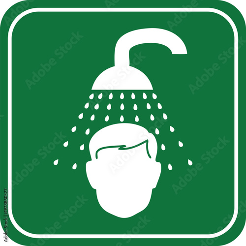 Safety shower icon white silhouette of a person under falling water on a green background representing emergency equipment and hygiene vector illustration