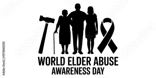 A silhouette illustration representing world elder abuse awareness day with a ribbon and cane. Vector, illustration