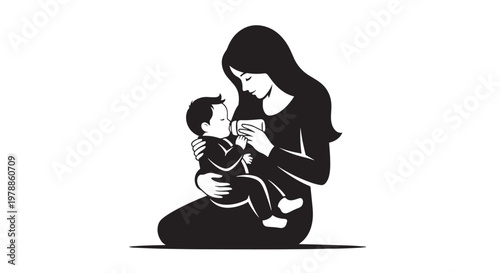 Silhouette of a mother feeding her baby with a bottle, vector illustration of a woman holding and nurturing an infant, concept of motherhood, care, and love