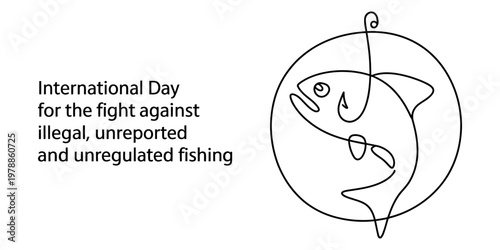 A minimalist black and white line art illustration representing international anti-fishing day. Vector, illustration
