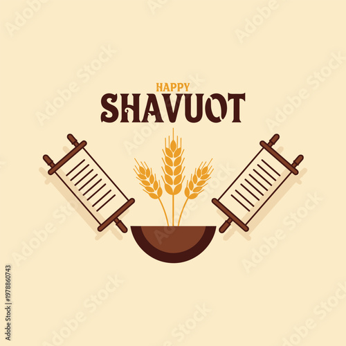 Happy shavuot illustration featuring torah scrolls and wheat stalks in a pot