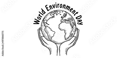 A hand drawn black and white illustration of human hands holding the earth for world environment day Vector, illustration
