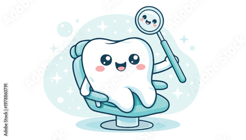 Cute cartoon tooth character sitting in a dental chair holding a dentist mirror, vector illustration for pediatric dentistry and oral health concept