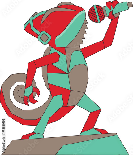 Chameleon mascot singing with microphone vector art