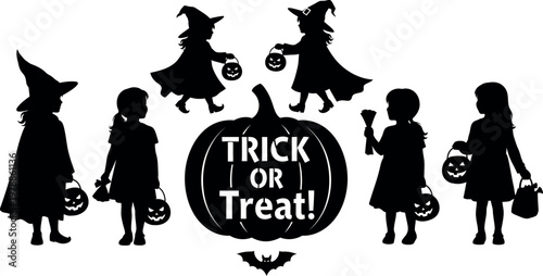 Halloween children celebrating trick or treat with jack-o'-lanterns and witches Vector