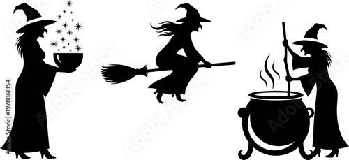 Three witches engaged in classic magical activities Vector