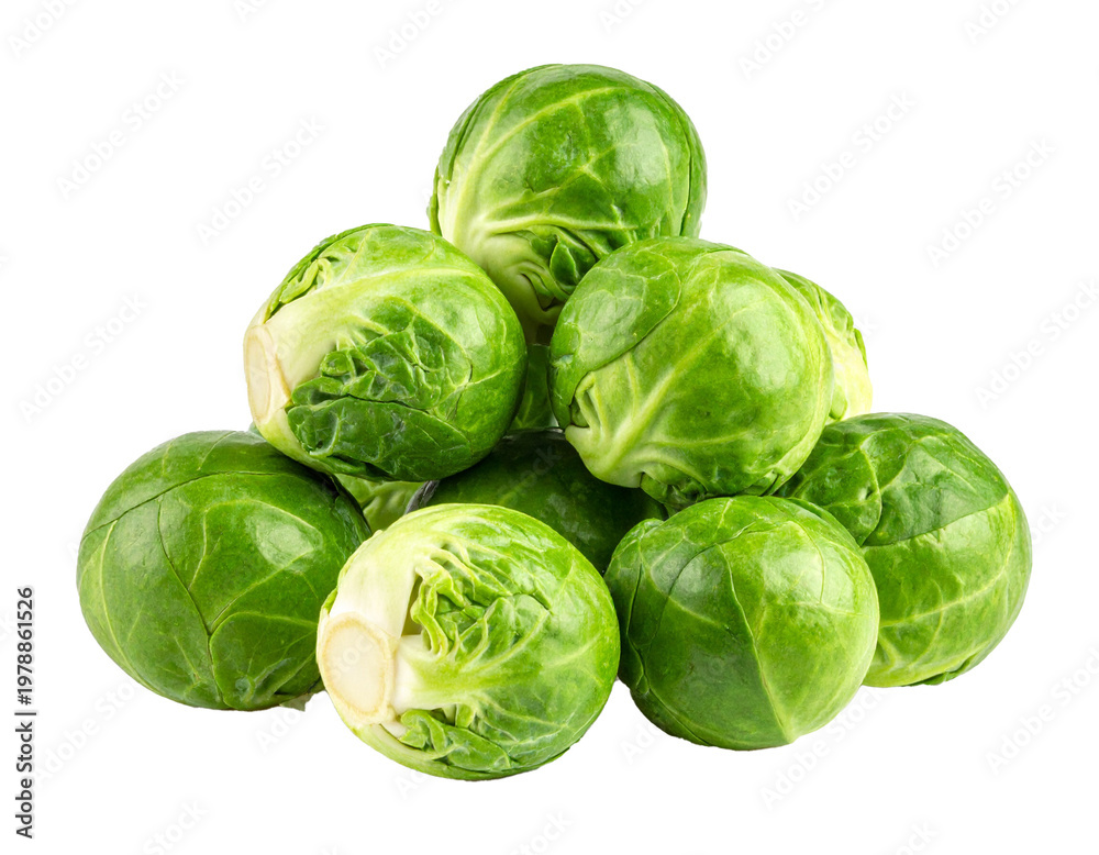 Fototapeta premium Fresh brussels sprouts isolated on white background, raw green cabbage buds cutout for healthy cooking, vegan food and autumn harvest compositing