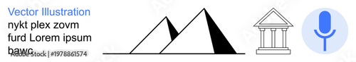 Education, technology, cultural heritage, architecture, history, communication. Minimalist pyramids, temple structure and microphone icon. Education and communication ideas for modern and historical