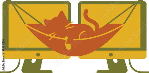 Cat naps in hammock between monitors screens