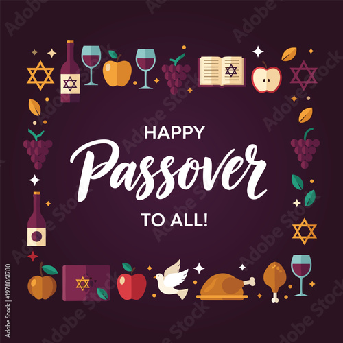 A festive passover illustration with traditional symbols and a welcoming message