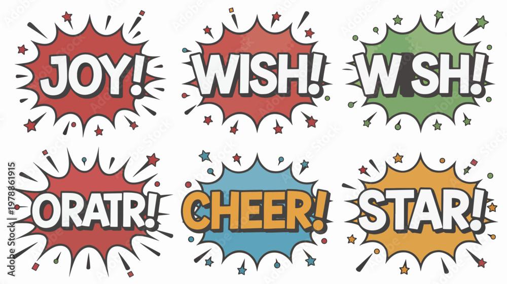 Obraz premium Colorful Comic Speech Bubbles, Joyful Expressions, Emotive Icons, 6-Piece Set