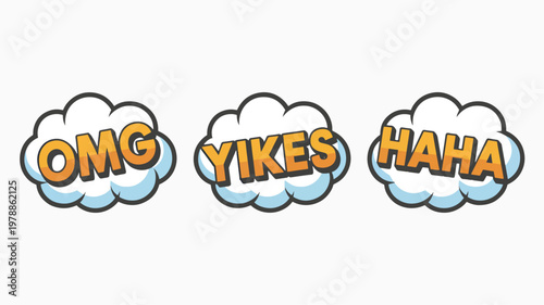 Cartoon speech bubbles, comic book text clouds, emotive expressions, OMG, YIKES, HAHA