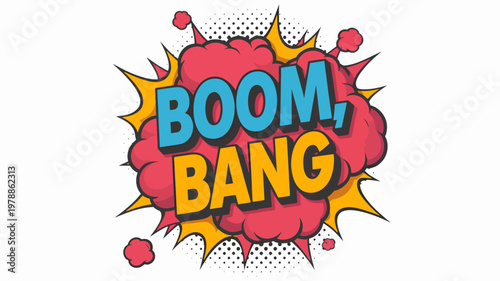 Comic explosion effect, boom bang text, cartoon sound burst, colorful vector graphic