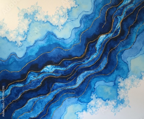 Abstract Blue River Flow with Gold Lines