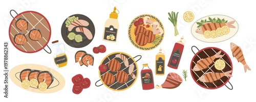 Bbq set, barbecue food from meat and fish. Grill, grid, steak, sausages and fish. Steak , tomato, ketchup, mustard and tartar bottles isolated.