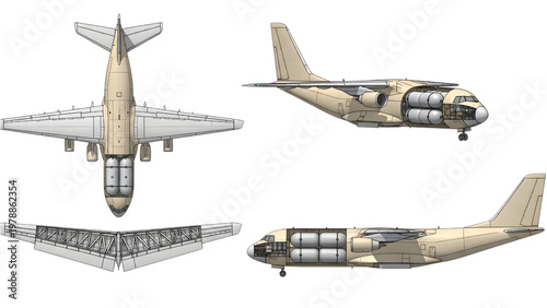 Hydrogen Powered Cargo Aircraft CAD Blueprint with Cryogenic Tank Placement and Wing Structural Diagram Technical Engineering Drawing