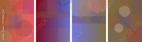 Dynamic gradient patterns with translucent geometric shapes and circles on dark backgrounds.