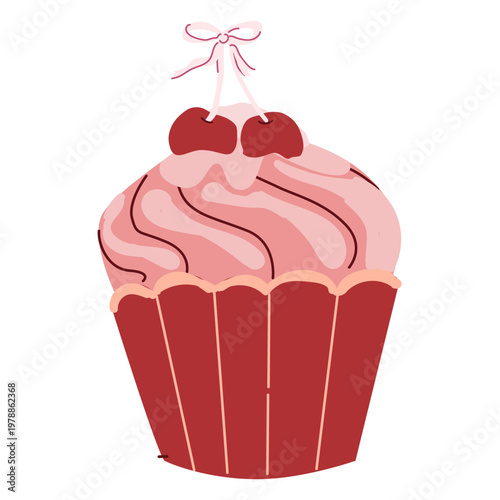 Retro cupcake with cherry on top, decorated with whipped cream and cute bow. Sweet dessert in colorful paper cup. Flat vector icon isolated on white.