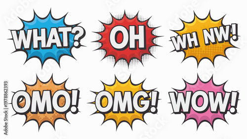 Comic speech bubbles, colorful exclamation marks, pop art expressions, emotive icons