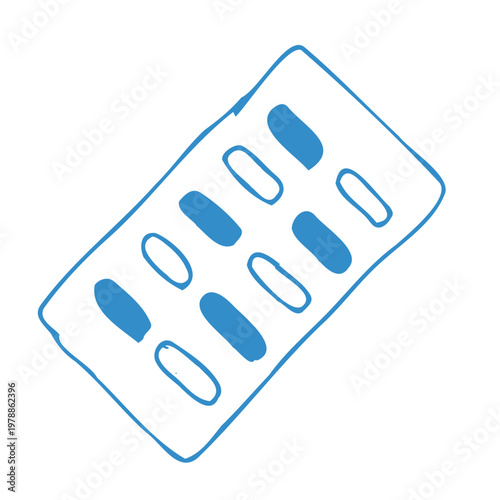 Blue Hand drawn blister pack with capsules in doodle outline style. Simple linear vector illustration of medication pills isolated on white background.