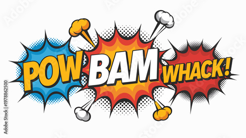 Comic book explosion effects, POW BAM WHACK text, cartoon sound effects, colorful vector graphics