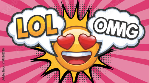 Smiling emoticon face with heart eyes, speech bubbles, pink sunburst background, comic book style, emoticon, emoji, digital illustration