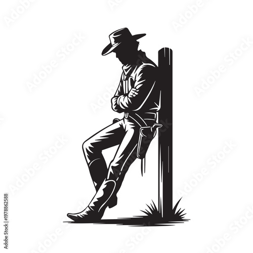 Relaxed Cowboy Leaning on Fence Post – Vintage Western Silhouette Vector
