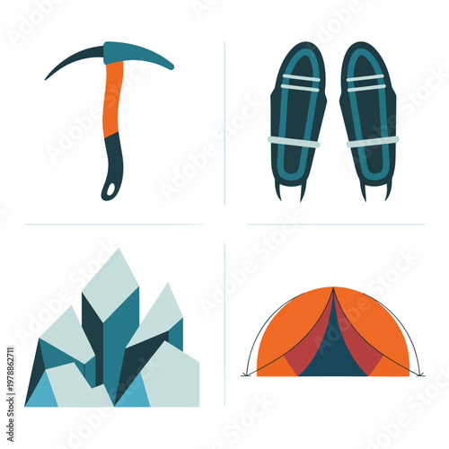 Camping, climbing, outdoor adventure icons, set of 4 vector graphics, travel, hiking, exploration