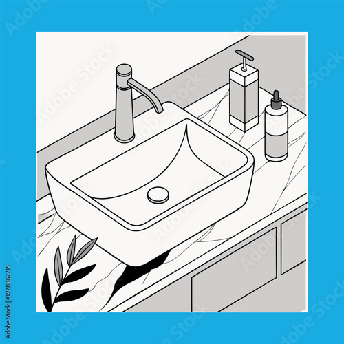 
A white sink with a blue and white tile wall behind it the tile pattern is a mix of squares and ci