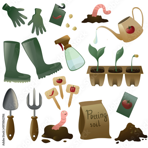 Gardening tools and seedlings set, spring garden elements vector illustration, growing vegetables concept, hand-drawn textured style.