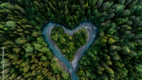 Heart-shaped river winding through lush forest from above