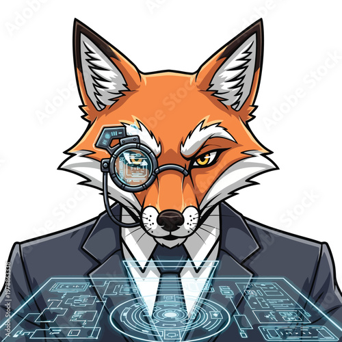 Cyberpunk Fox Mascot in Business Suit with Futuristic Holographic Interface and Tech Monocle Vector Illustration